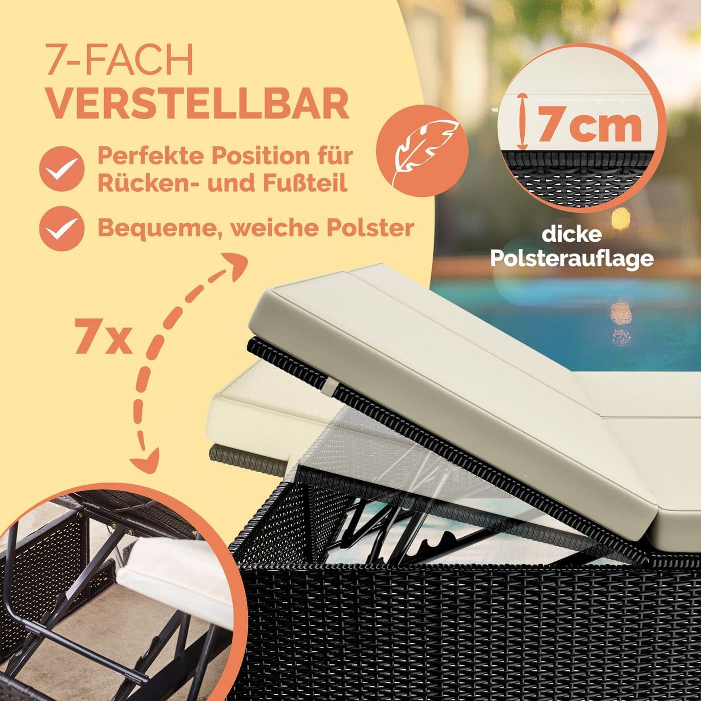 Casaria® Sonnenliege 2 Personen mit Klapptisch 7cm Auflagen Wetterfest Gartenliege 400kg Belastbar Liegestuhl Verstellbar Schwarz Creme 200x115cm