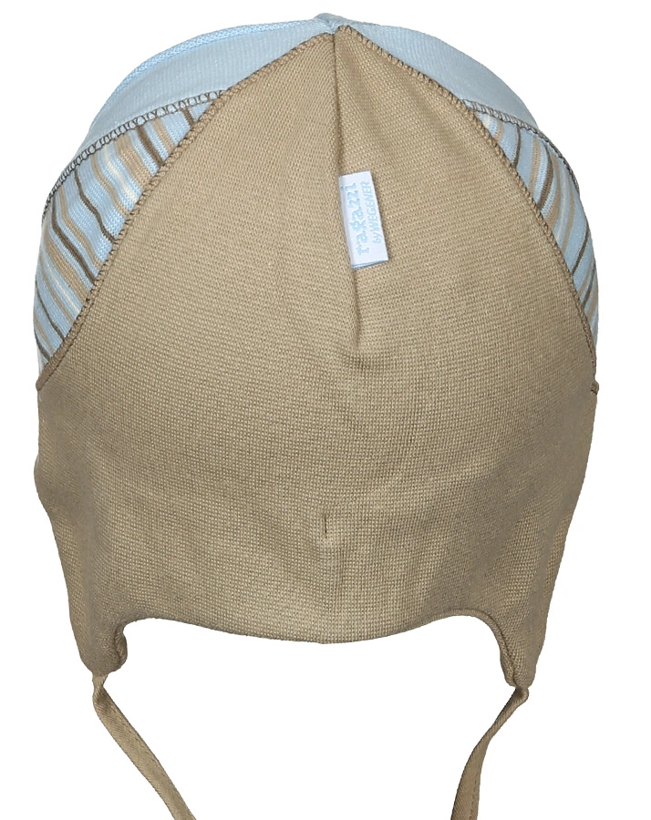 Binde-Mütze TIGER mit Schirm gestreift in hellblau/beige