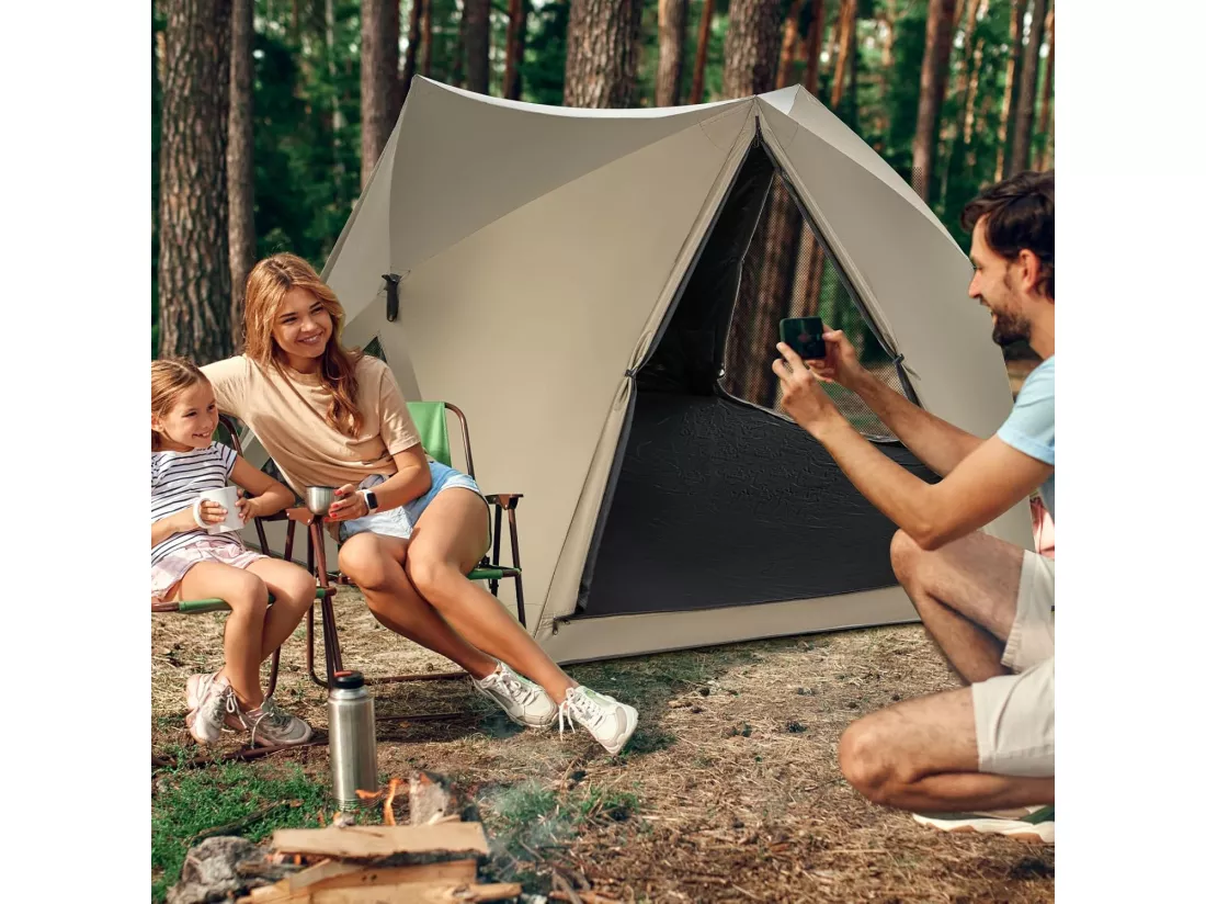 Tente de Camping Instantanée pour 4-6 Personnes, Tente Familiale Imperméable à 6 Côtés avec Auvent Puits de Lumière 3 Portes 3 Fenêtres Sac de Transport, 285 x 250 x 147 cm