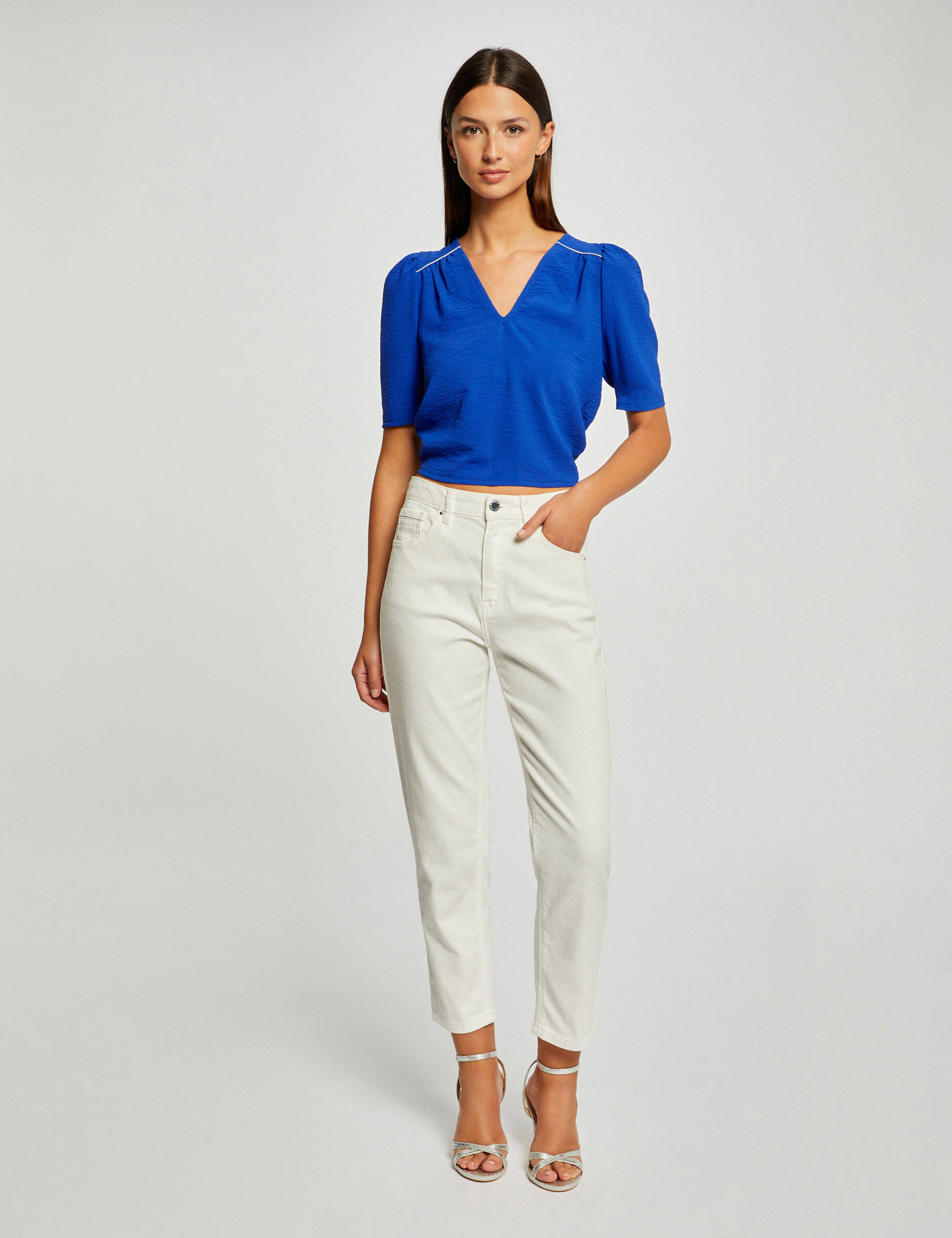 Blouse manches courtes dos ouvert bleu electrique femme - bleu_electrique