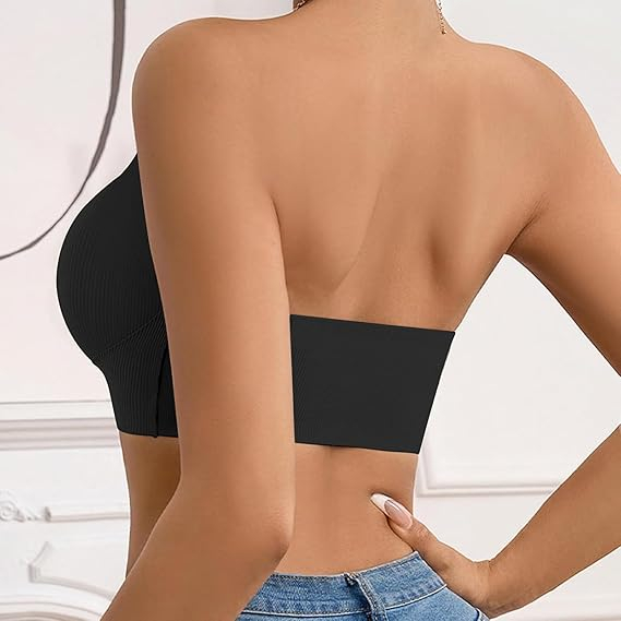 (Gr. M) Trägerloser Wickel BH Nahtloser Bandeau Büsten Halter mit Gewelltem Rand   Frontverschluss - Schwarz
