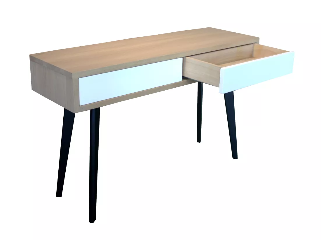 Console chêne blanchi massif et laqué, 2 tiroirs - 130L x 42P