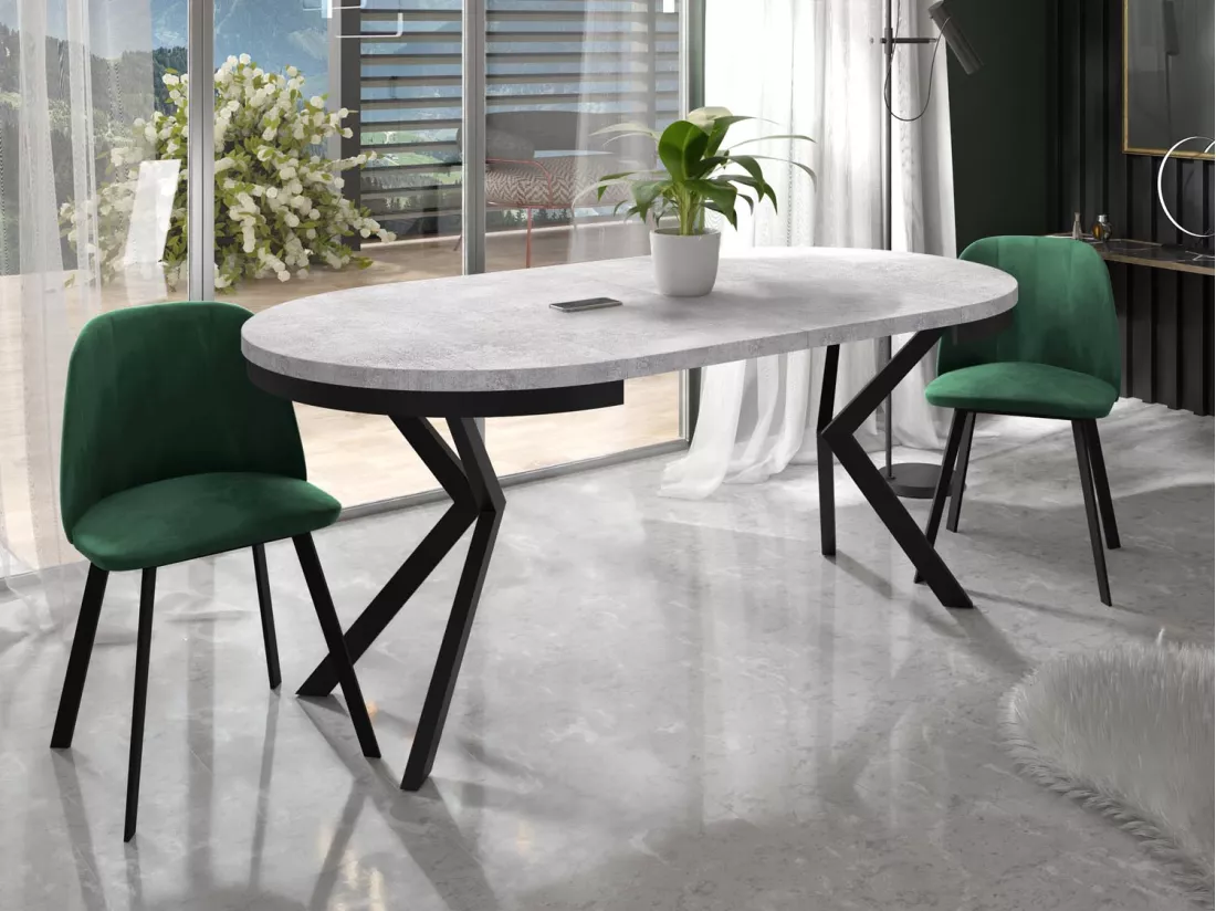Table à Manger Extensible Ronde - Table Style Loft Avec Pieds En Métal - 100 à 180 Cm - Table Ronde Style Industriel Pour Le Salon - Compacte - Béton Clair/noir - 9