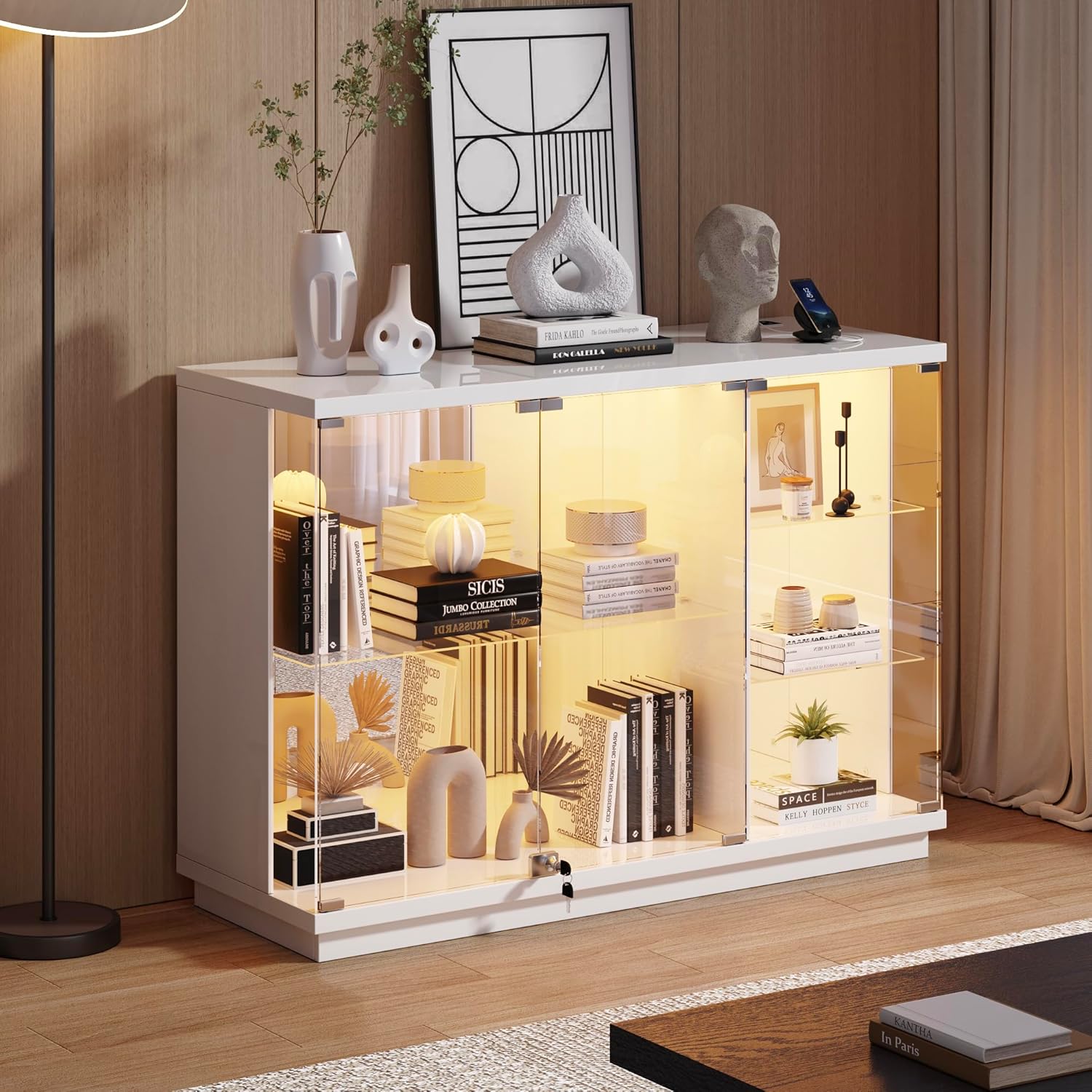 Lvifur Glasvitrine LED Beleuchtung und Glastüren,Glas Vitrinenschrank,Display Cabinet mit Intelligente Sensorik,3-Lagen Holz Vitrine Staubdicht für Wohnzimmer Schlafzimmer Büro,Schwarz