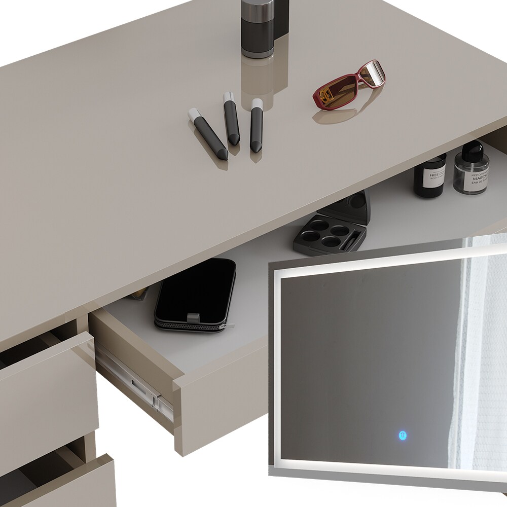 Vicco Schminktisch Sherry Greige Hochglanz 120 x 75 cm 5 Schubladen LED-Spiegel