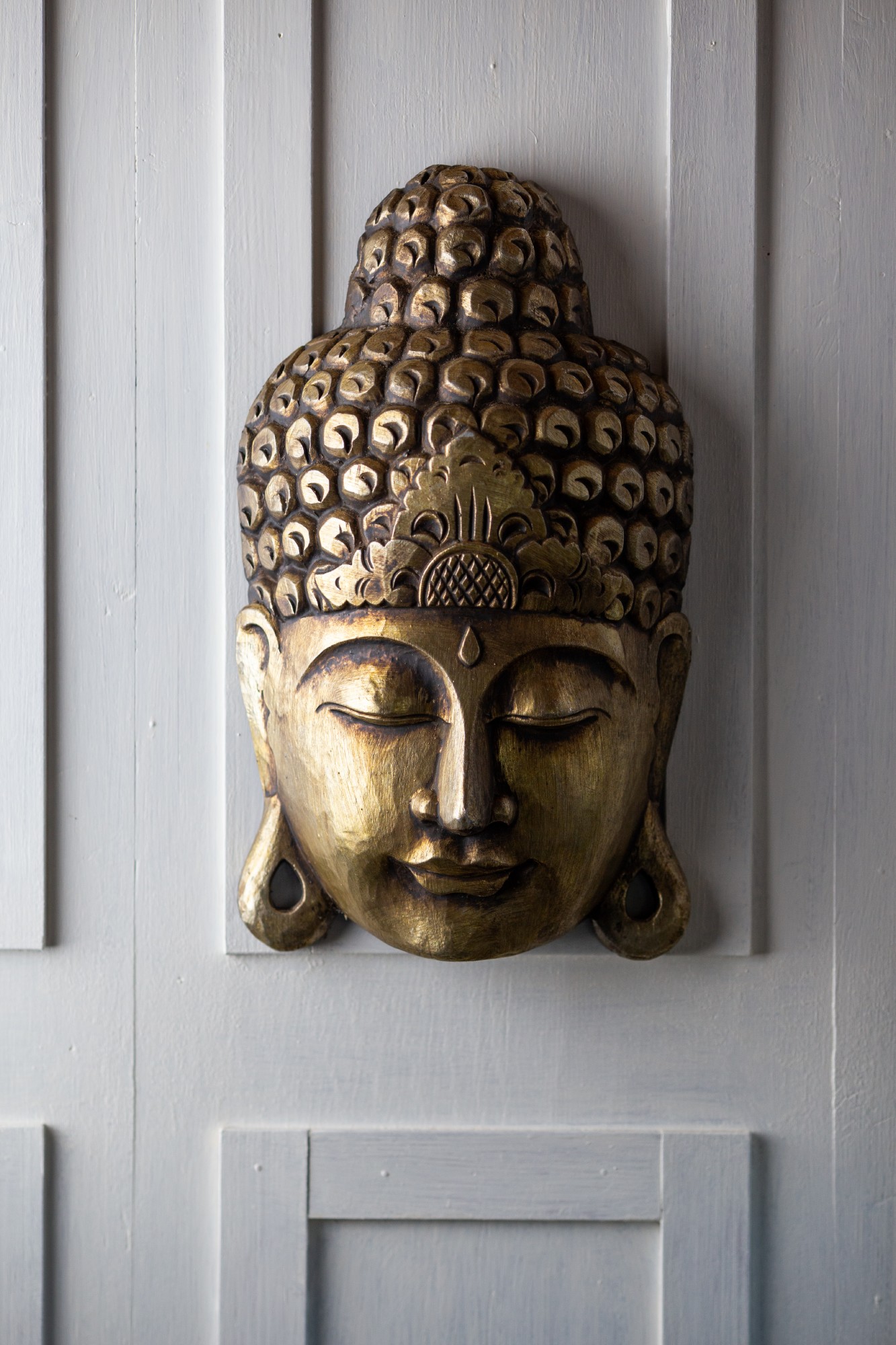 Buddha-Maske, aus Albesiaholz, gold, B 23 cm, H 40 cm von fischer's lagerhaus