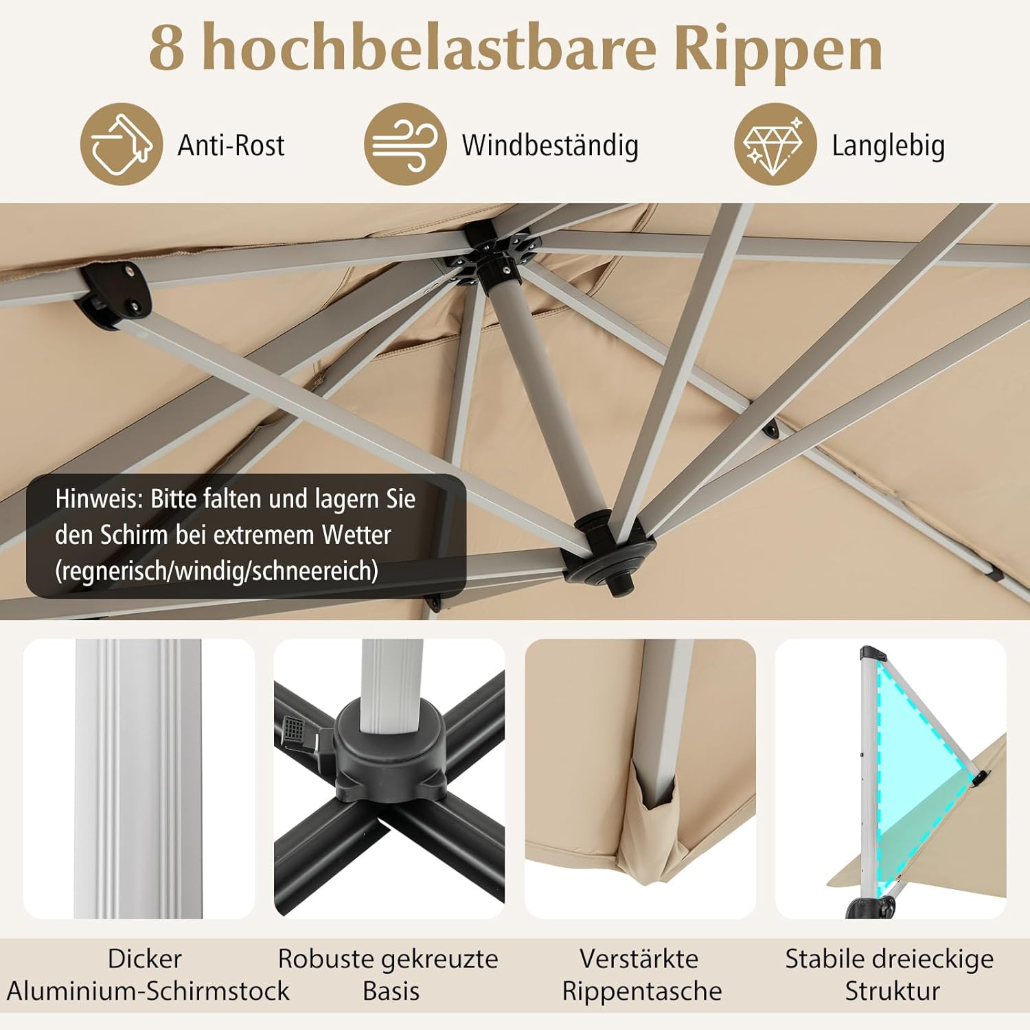 COSTWAY Sonnenschirm rechteckig 300 x 300 cm, großer Ampelschirm mit Kurbel, Gartenschirm neigbar, 360° drehbar, Terrassenschirm, Marktschirm für Garten, Terrasse, Balkon (Beige)