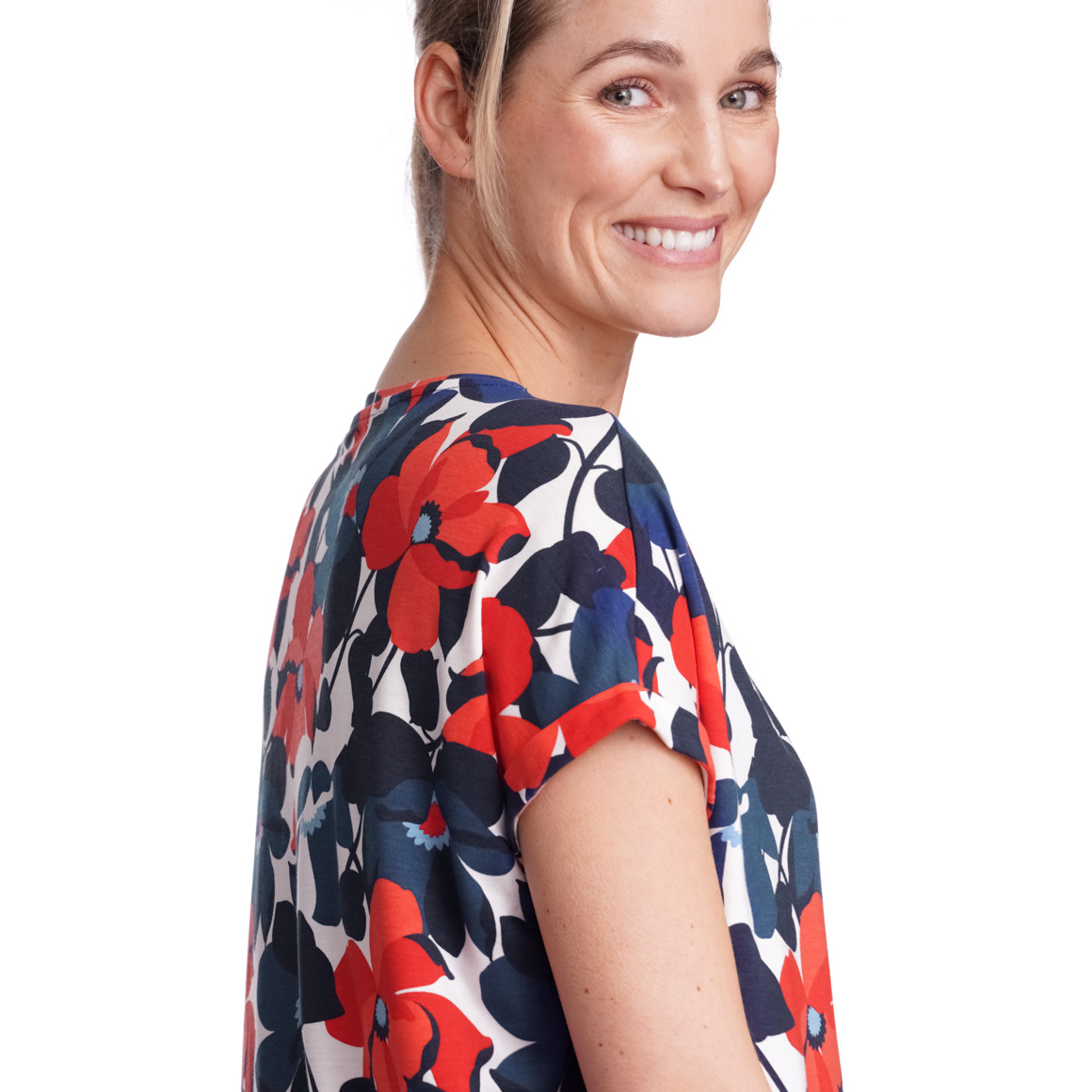 Gina Benotti Damen T-Shirt mit floralem Muster weiss / rot / dunkelblau