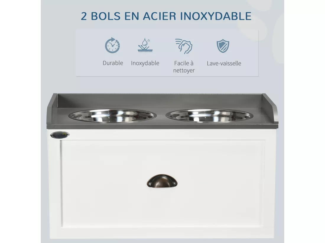 Gamelle double chien chat - porte-gamelles surélevé rangement 2 en 1 - tiroir, 2 gamelles - acier inox. MDF blanc gris