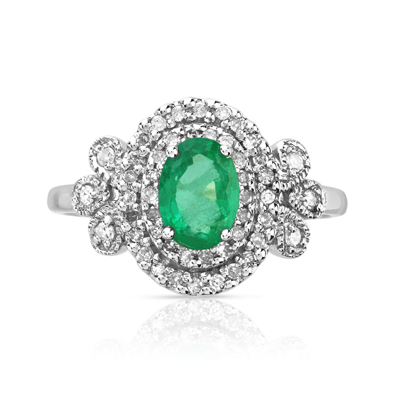 Bague or 750 blanc émeraudes ovale et diamants
