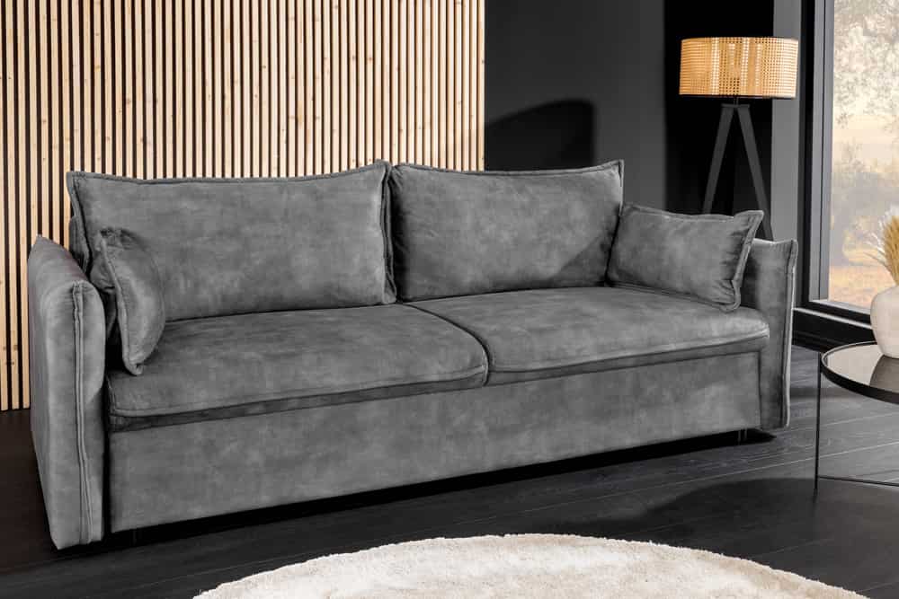 Design Schlafsofa APARTMENT 215cm grau Samt 3-Sitzer Couch inkl. Bettkasten Kissen