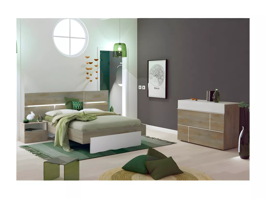 NINO LIGHT - Lit 180x200cm avec Leds et Chevets à Poser + Commode