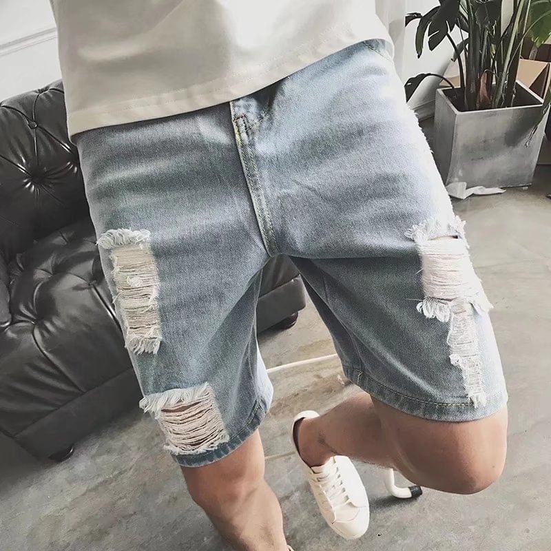 Macho - Mid Rise Washed Distressed Denim Shorts