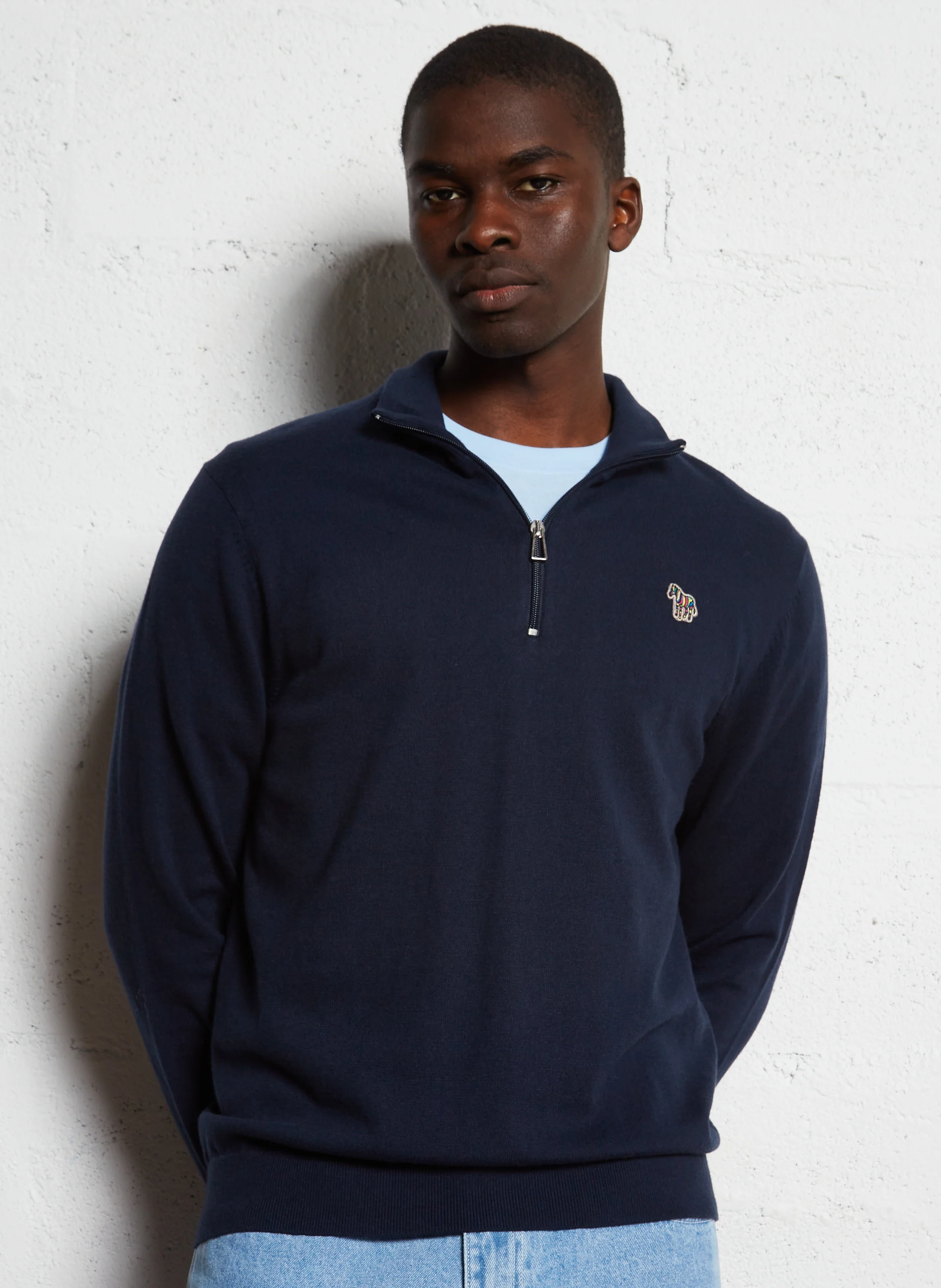 Pull col montant zippé en coton mélangé| Bleu
