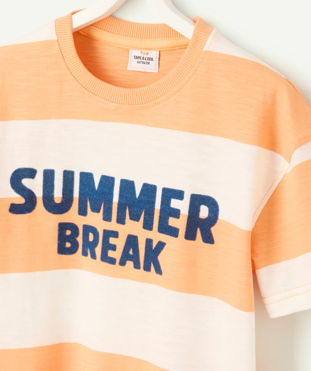 t-shirt manches courtes garçon en coton bio rayé orange et écru message summer