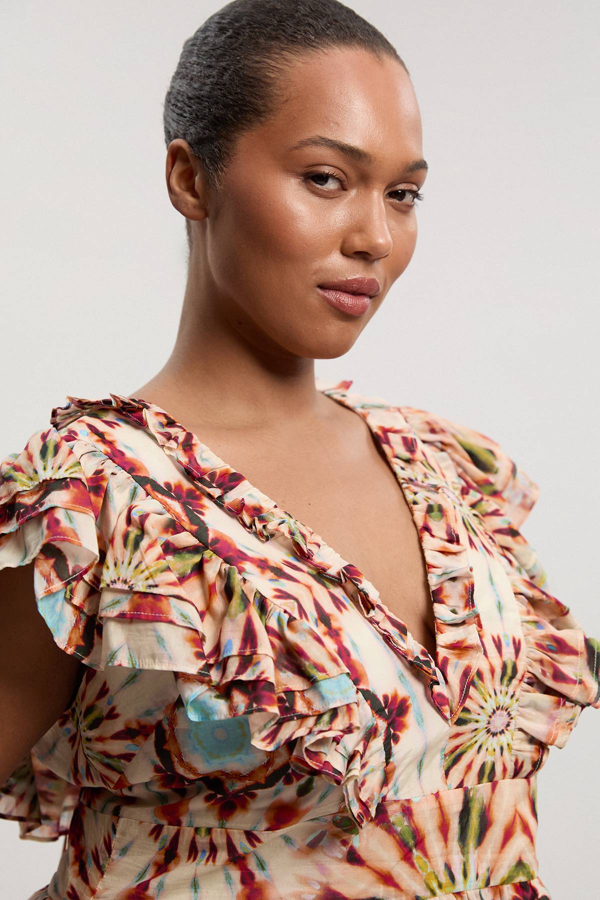 KarenMillen Haut Tissé Grande Taille À Imprimé Carreaux En Soie-coton Avec Détails À Volants