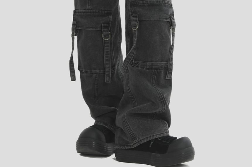 Banash - Mid Rise Washed Buckled Wide Leg Cargo Jeans