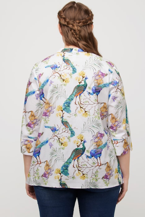Bluse, Pfauen, Stehkragen, V-Ausschnitt, 3/4-Arm