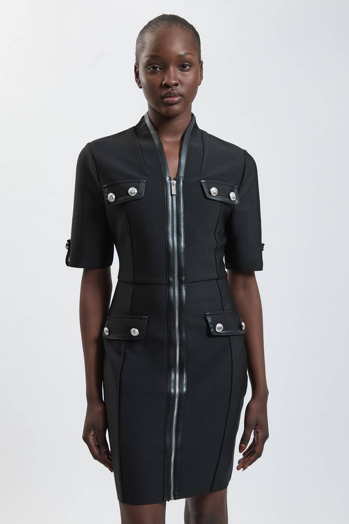 KarenMillen Robe Mini Moulante À Manches Courtes Avec Détails Militaires Et Finitions SYNTHÉTIQUE Petite