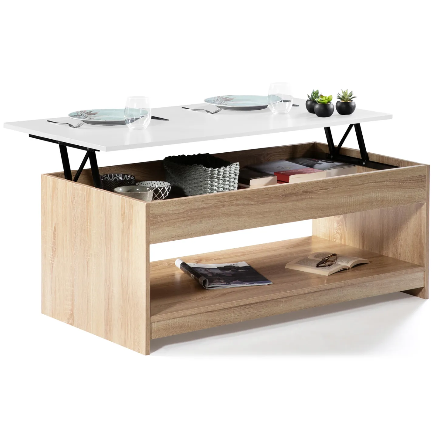 Table basse plateau relevable rectangulaire SOA bois imitation hêtre plateau blanc