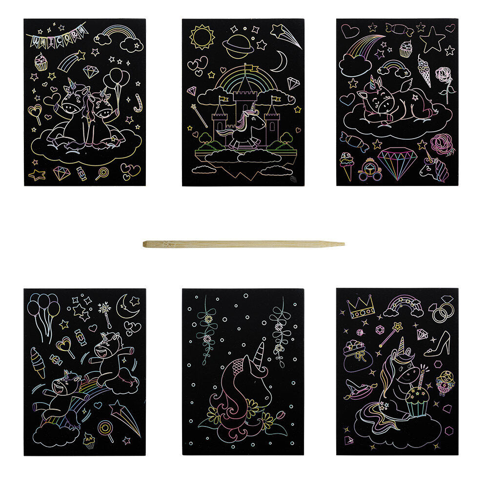 Lot de 6 feuilles à gratter thème licorne avec stylet en bois