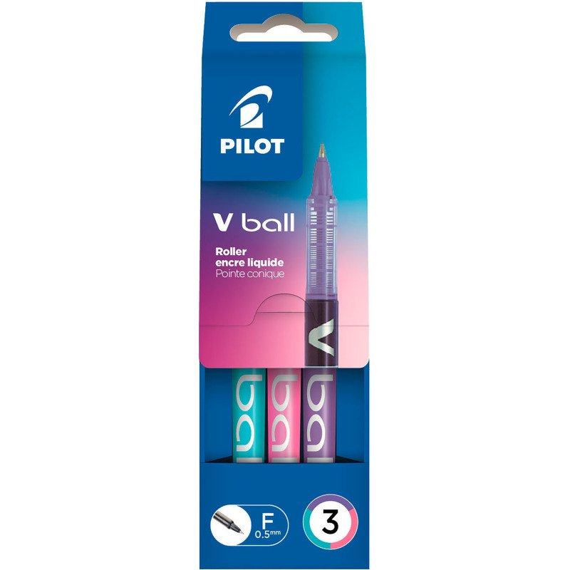 Stylo roller Pilot V-Ball écriture fine - Pochette de 3 couleurs fun