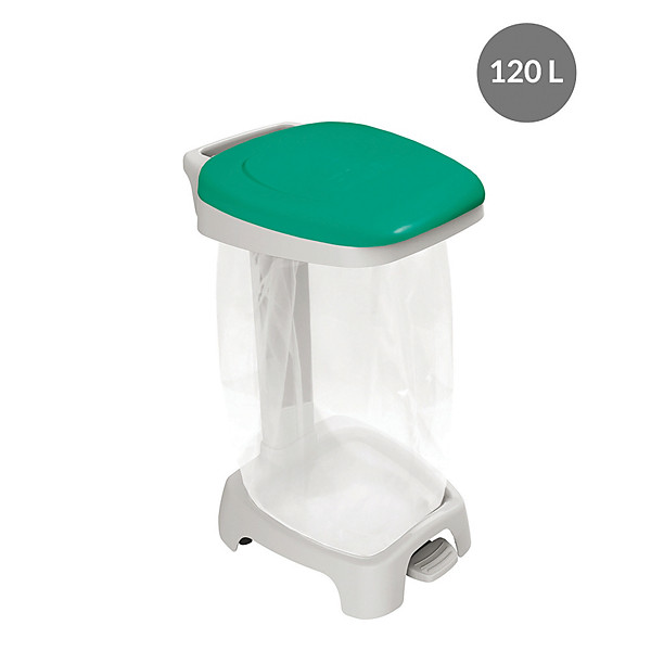 Support sac poubelle 2 roues à pédale Gilac avec couvercle vert 120 L