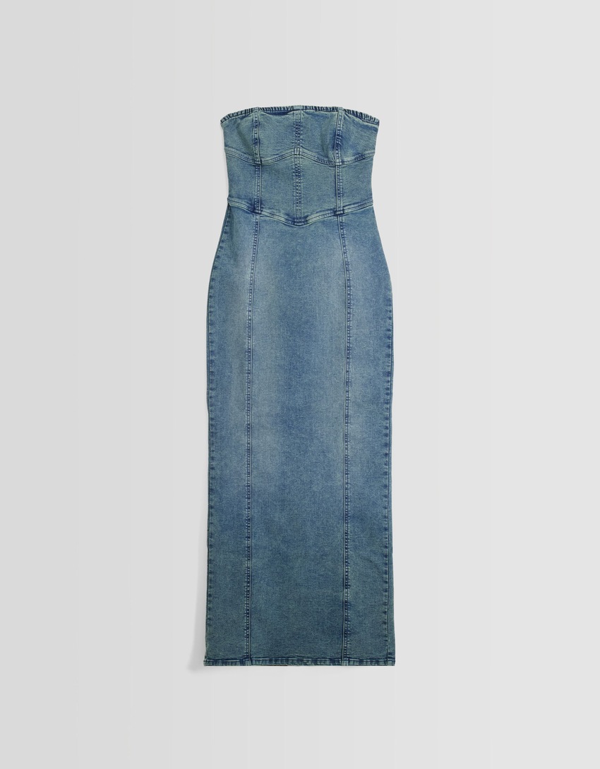 Vestido longo tomara que caia em jeans