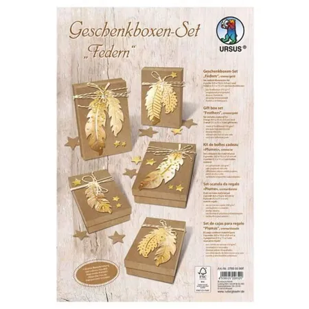 URSUS Bastelset für 5 Geschenkboxen, Federn creme/gold