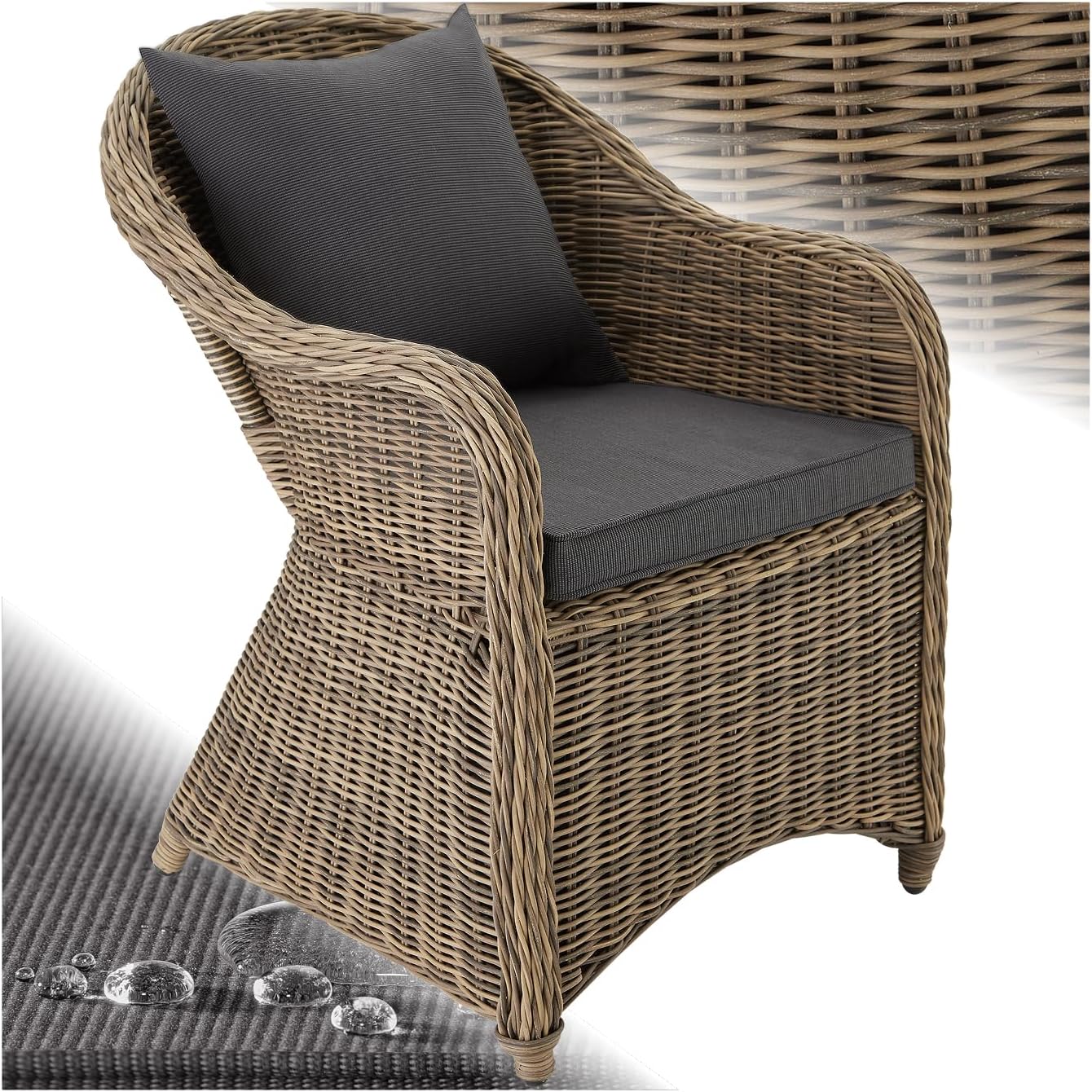 tectake® Rattan Stuhl, Garten Sessel, Outdoor Korbsessel mit Rücken- und Sitzkissen, Möbel wetterfest, Gartenmöbel, Balkonmöbel, Wintergarten - Natur