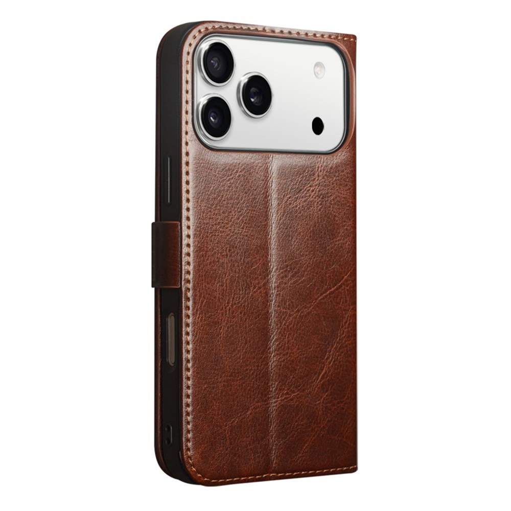 iPhone 17 Pro Max Echtleder Tasche Flip Cover mit Kartenfächer - Braun