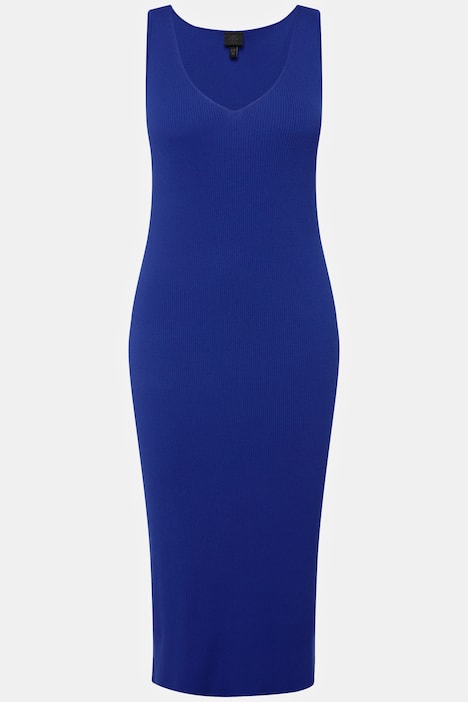 Strickkleid, Rippstrick, Slim, Midilänge, V-Ausschnitt, ärmellos
