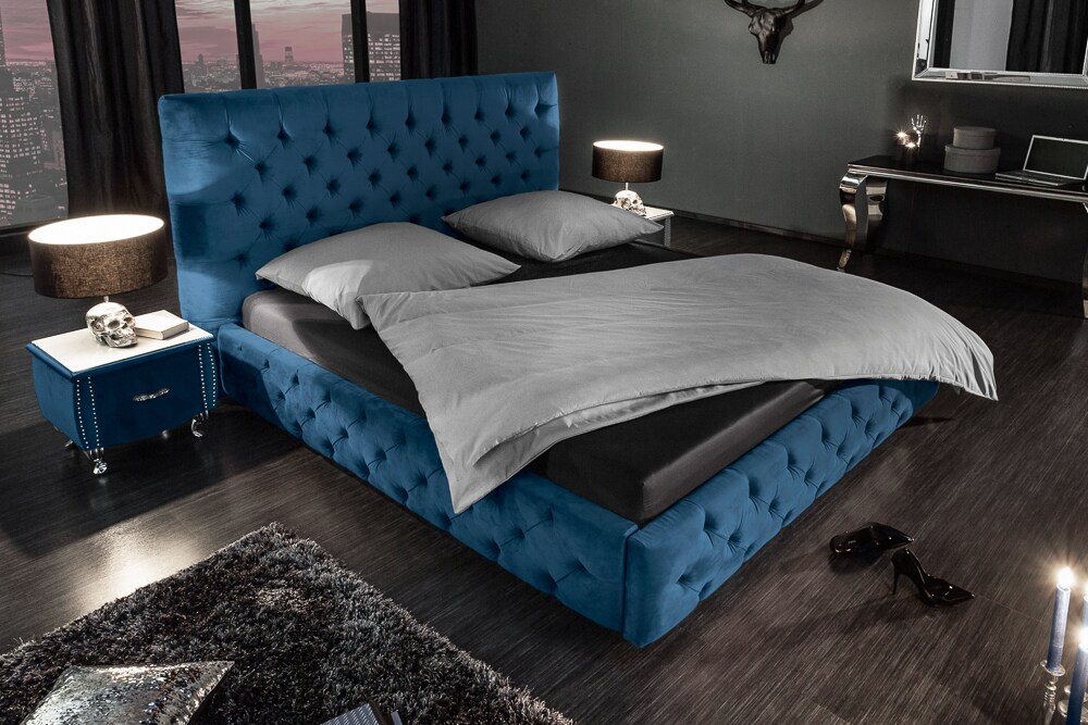 riess-ambiente Doppelbett PARIS - 180x200cm dunkelblau Samt Chesterfield