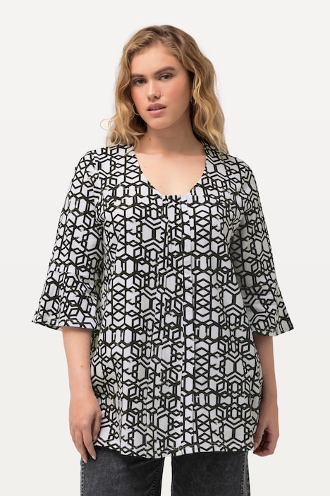T-Shirt, Zierfalten, A-Linie, V-Ausschnitt, Halbarm