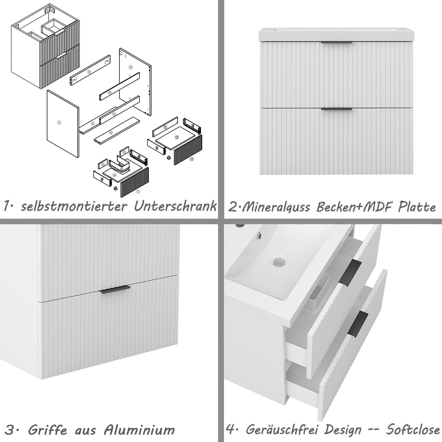 Aica Sanitär Waschtisch mit Unterschrank 60cm Riva Badmöbel Set Weiß Waschbecken mit Unterschrank MDF Softclose