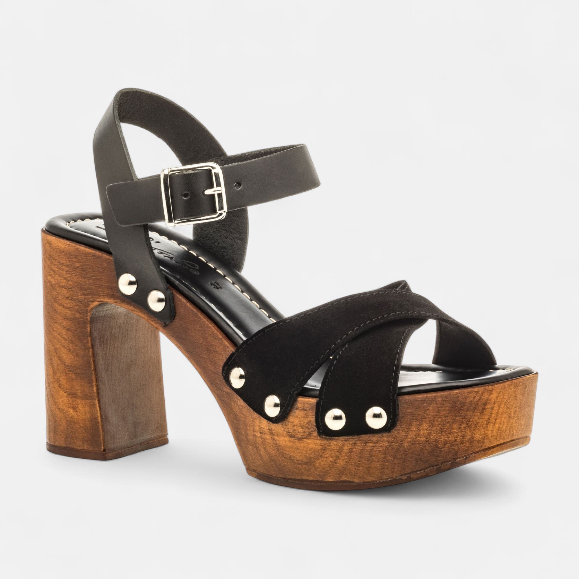 Chaussures semelle bois à talon Femme en cuir noir