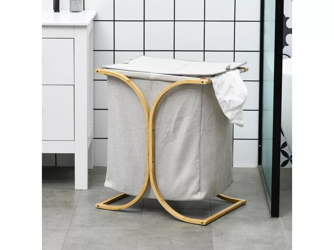 Panier à linge corbeille à linge bac linge sale 2 paniers bambou polyester gris