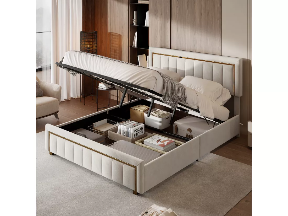 lit double rembourré 160 x 200,lit coffre avec sommier,lit adulte 160 x 200 avec levier hydraulique,velours,beige