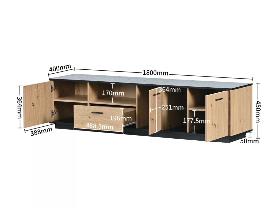 Meuble TV LED 15 lampes - TV-Board avec 1 tiroir + 3 portes + 2 compartiments plaque de toit noir - naturel 180x40x45cm
