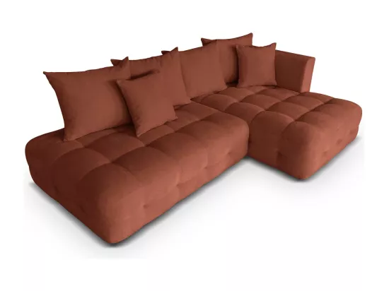 Canapé d'angle ouvert à droite convertible 3 places avec coffre de rangement en tissu chenille terracotta - Léo