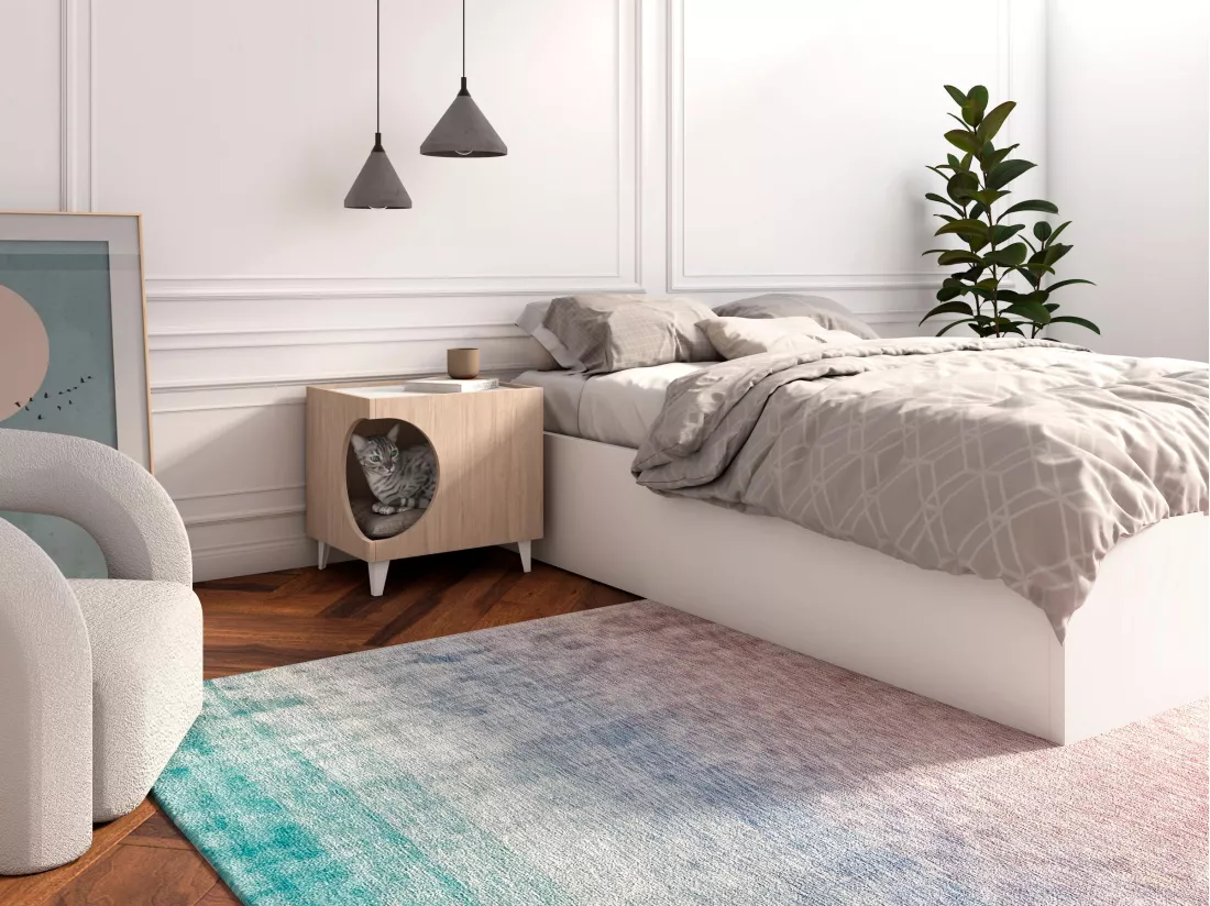 Table d'Appoint pour chien et chat ELLIE - Chêne/Blanc - Entrée latérale, 1 porte.