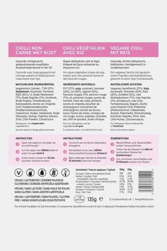 Firepot Firepot Vegan Chilli Non Carne Met Rijst 1-persoon Maaltijd