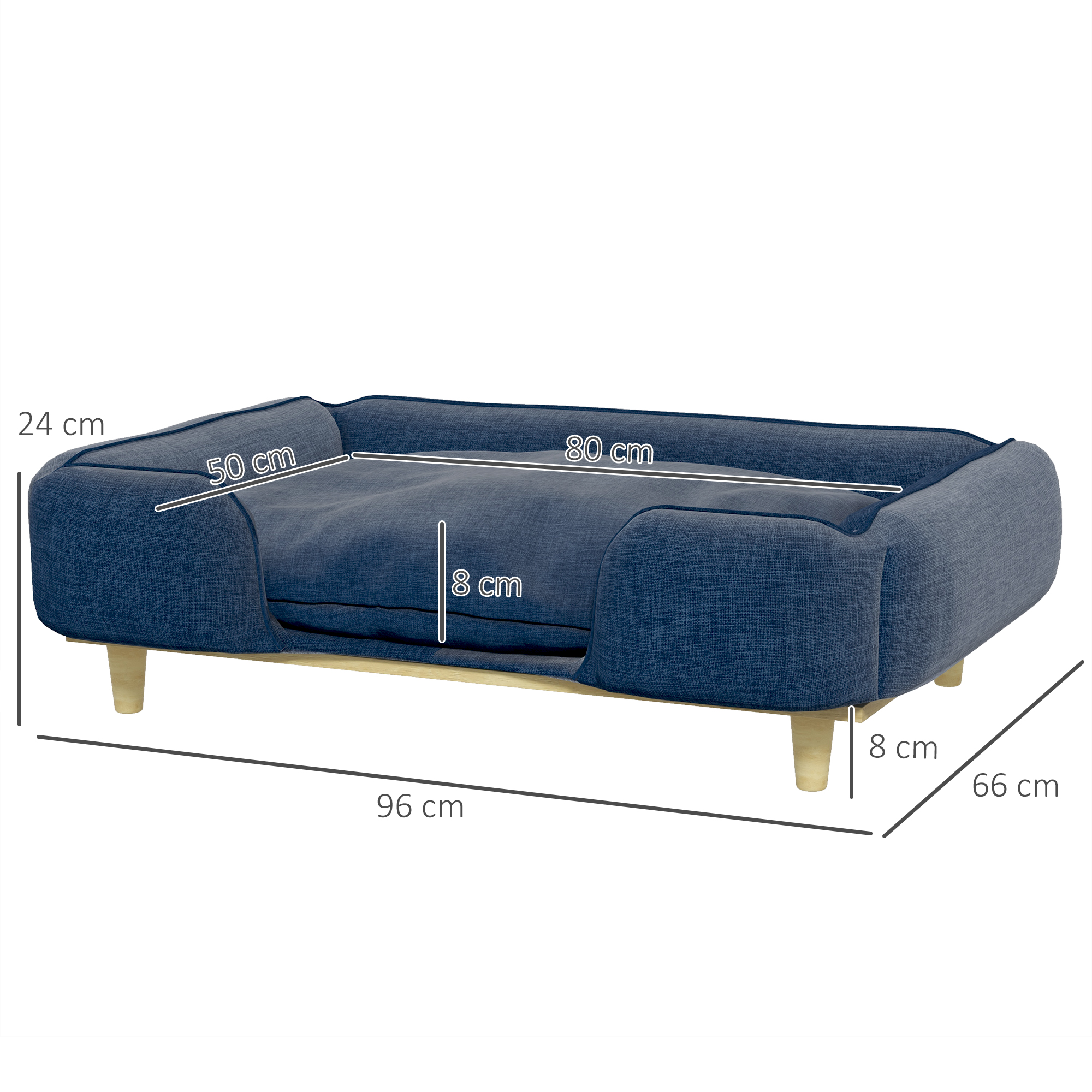 Sofá elevado para cães PawHut tamanho grande, com pés de madeira e almofada lavável. Suporta até 30 kg e mede 96 x 66 x 24 cm, na cor azul.