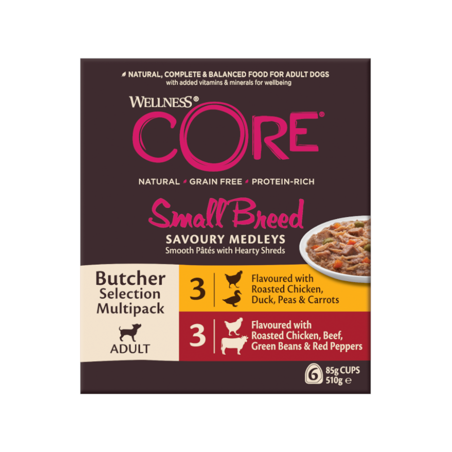 6 potes de 85 g de ração Wellness Core Small Butcher Selection para cães