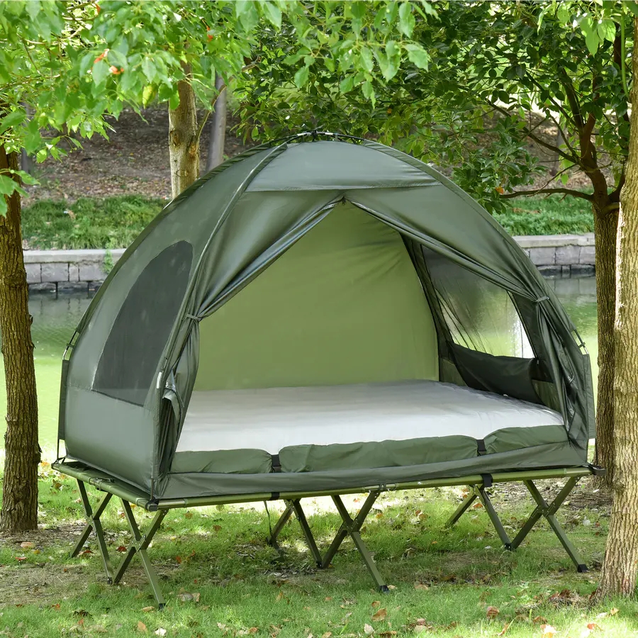 Coleman 2 Person Foldable Camping Cot, Portable Outdoor with Sleeping Bag & Thick Air Mattress, All in One Elevated Camping Bed Tent for 2