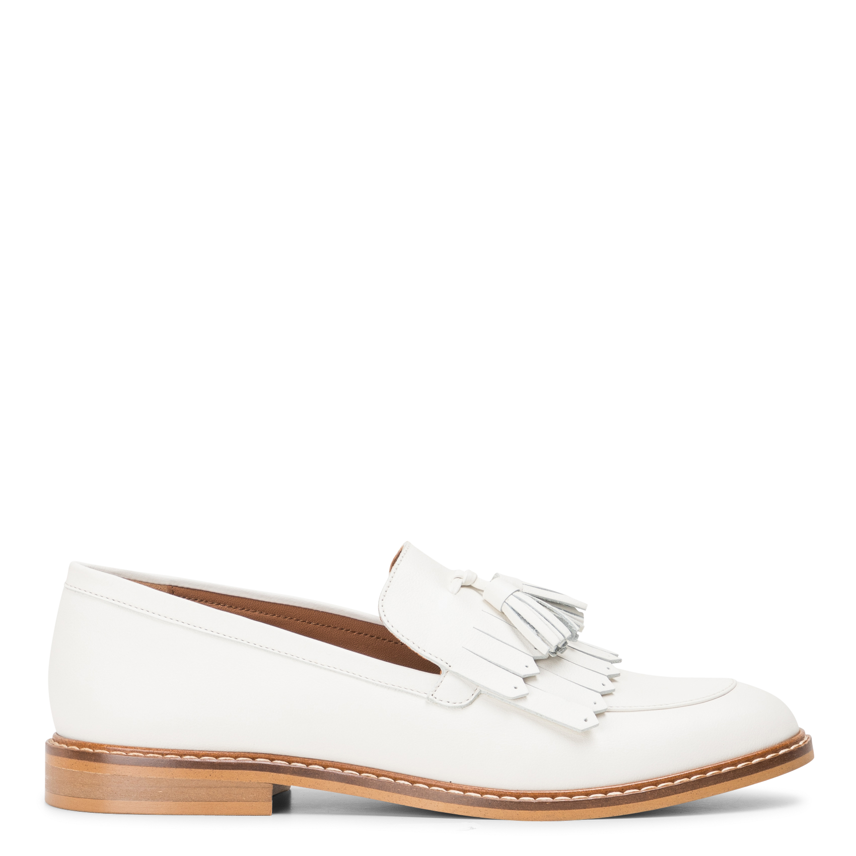 REMY - Mocassins bout rond avec franges et pompons en cuir | Blanc