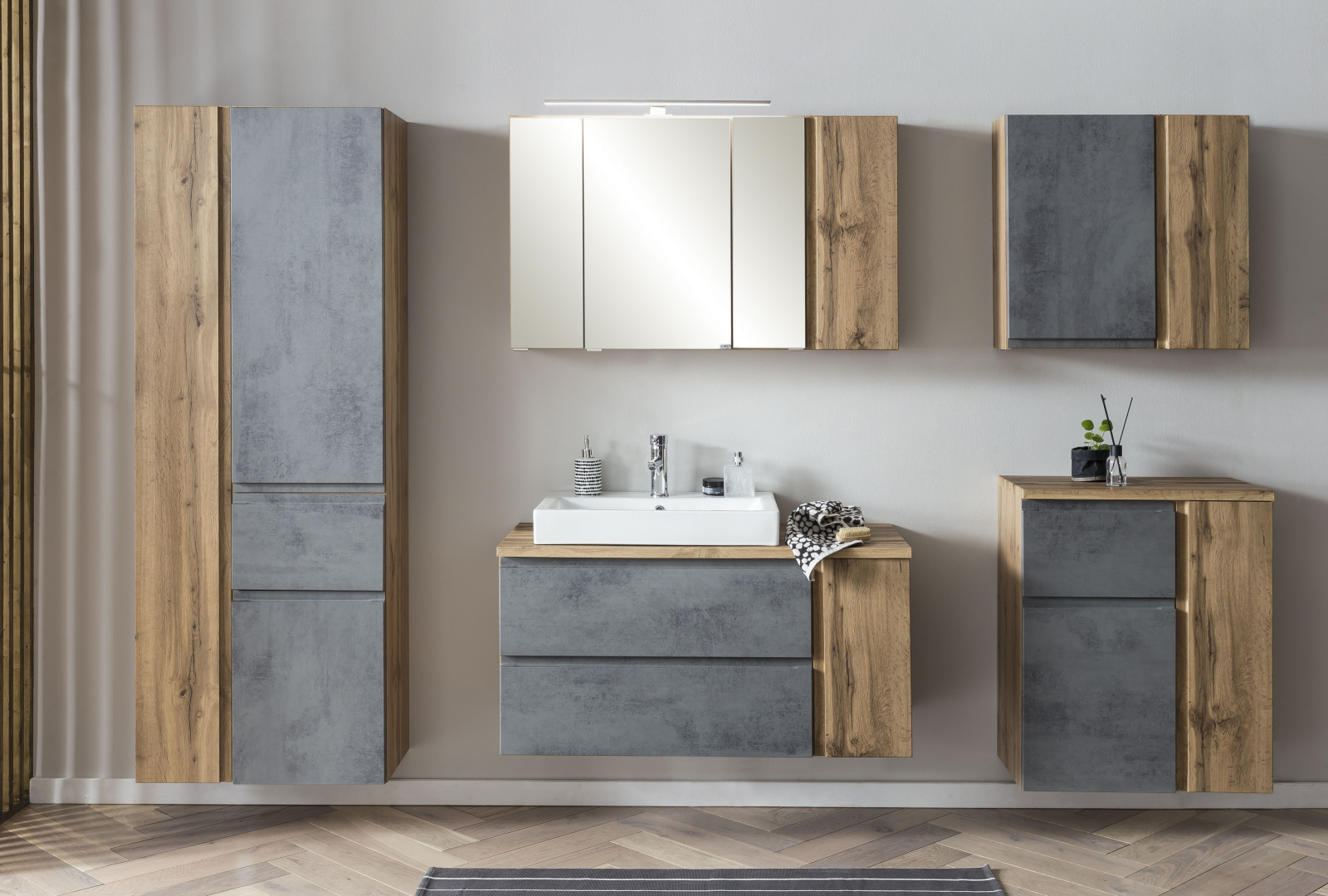 Waschtisch - Wotaneiche - Oxid Beton - Keramikbecken links - 80 cm