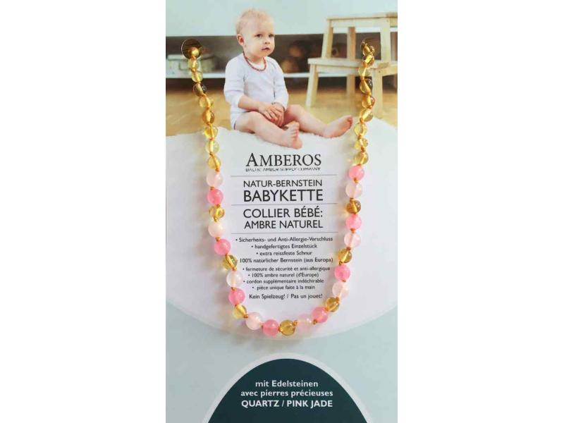Amberos Bernsteinkette Lemon mit Edelsteinen Pink-Jade und Natur-Bernstein Babykette