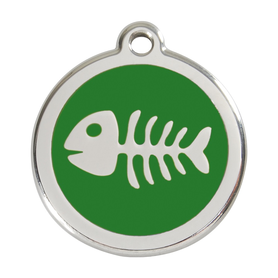 Etiqueta de identificação para cães em aço inoxidável esmaltado verde com formato de esqueleto de peixe.