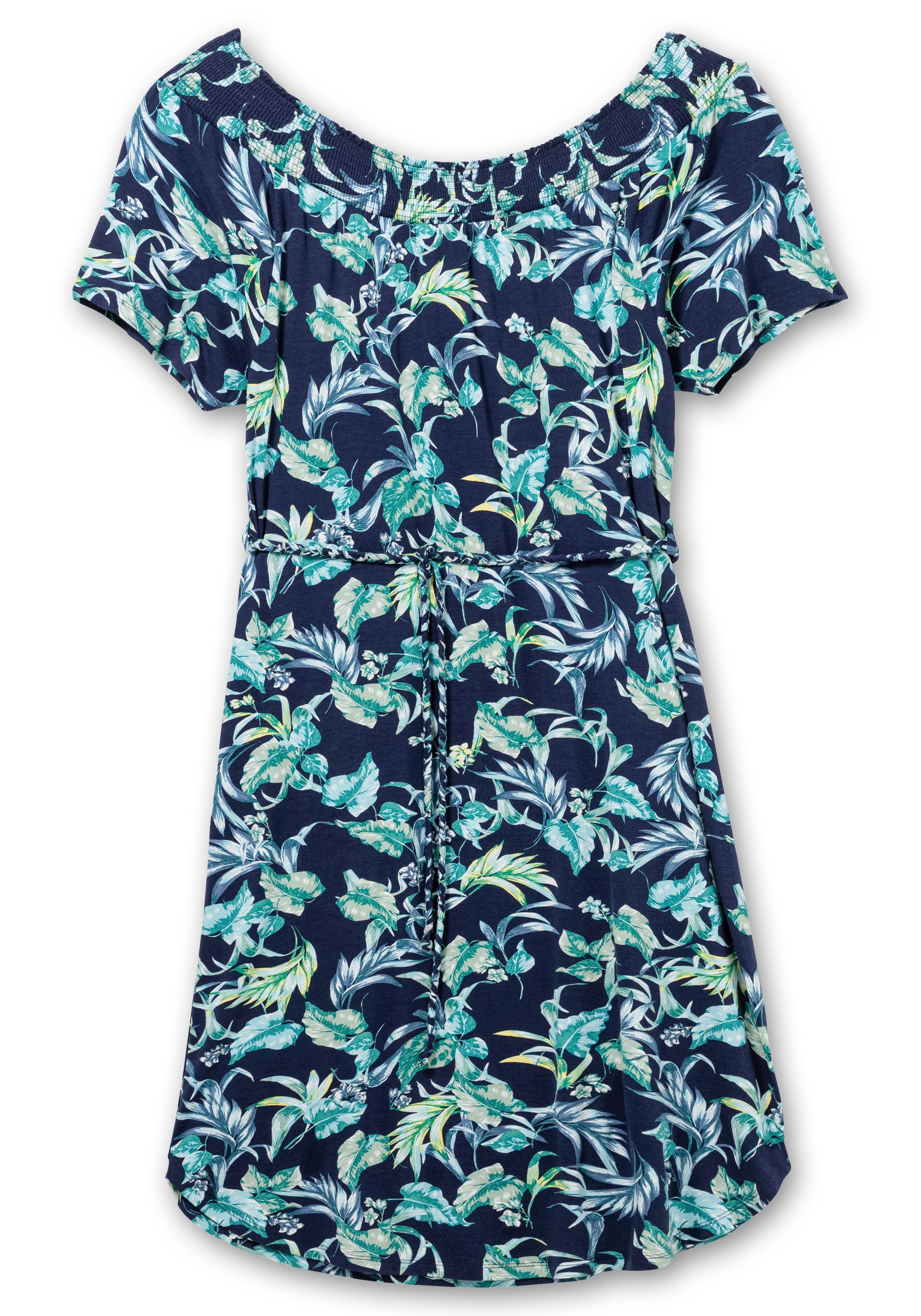 Jerseykleid mit Blätterprint und Carmenausschnitt